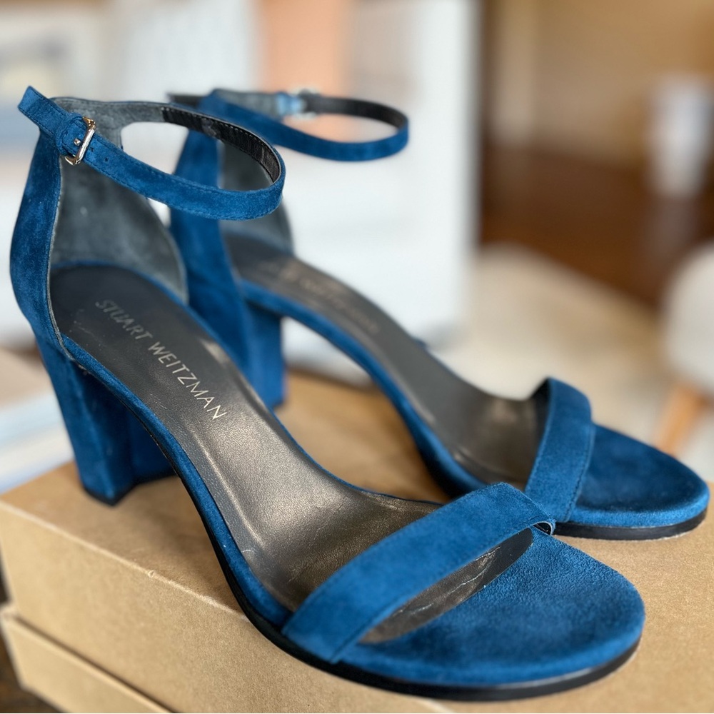 Stuart Weitzman Blue Suede Ankle-Strap 3.25 inch Block Heels, Size 9